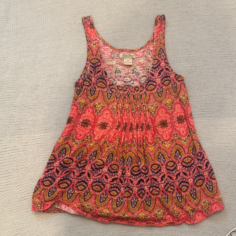 Lucky Brand XS Boho Tank Top | Coral Paisley Smocked Waist
